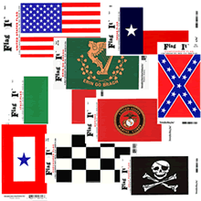 A collage of Specialty Emporium's high quality flag decals including USA, Italy, a Jolly Roger pirate flag, Erin Go Bragh, a checkered flag, troop support banner, and a texas state flag and confederate flag decal.
