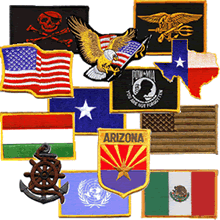 A collage of Specialty Emporium's most popular iron-on patches featuring US Navy Seals flag, a waving US Flag, a red skulled Jolly Roger pirate flag, a flying eagle patch, specialty patches for Arizona and Texas, POW-MIA flag patch, a United Nations flag plus flag patches for Mexico and Ireland